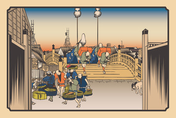 Obrazy na Szkle  Hiroshige Utagawa Tokaido Goho Sanji Nihonbashi Asanokei ilustracja obrazu