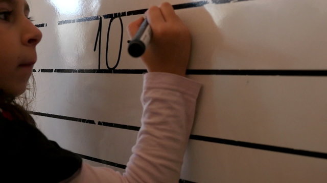 Girl writing mathematic expression on the blackboard
