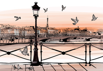 Coucher de soleil sur la Seine depuis le Pont des arts à Paris