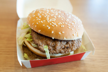 Hamburger on the table.