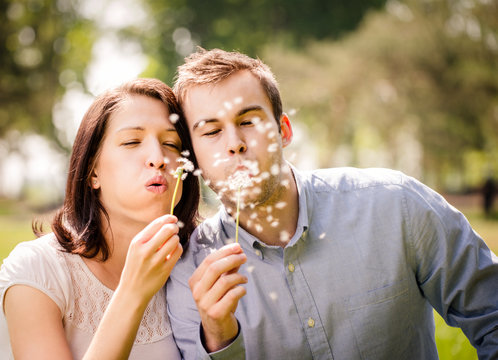 Couple blowing dandelions