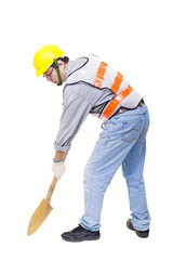 Worker digging with  shovel isolated on white