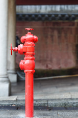Fototapeta na wymiar Red fireplug standing on footpath