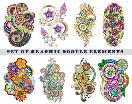Set of Henna Paisley Mehndi Doodle Element.