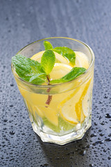 mint lemonade on a dark background, close-up, vertical