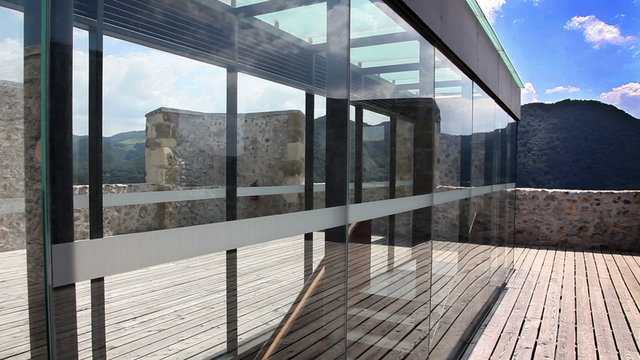 Shot of the glass wall on the castle of Celje