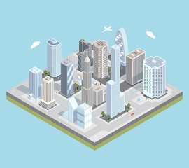 Vector isometric urban city center map with buildings, shops and