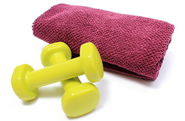 Dumbbells and towel for using in fitness