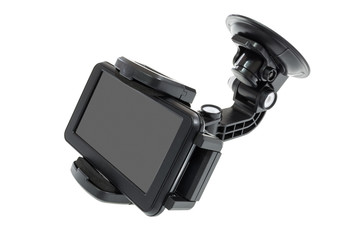 GPS navigator, global positioning system isolated on white background. Satellite navigation device or portable gadget for car, truck include holder and screen. To display and navigate location on map.