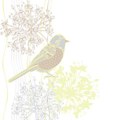 Vector illustration of cartoon bird and flowers. Invitation or g