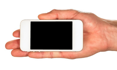 Hand holding a white smartphone with black screen isolated on wh