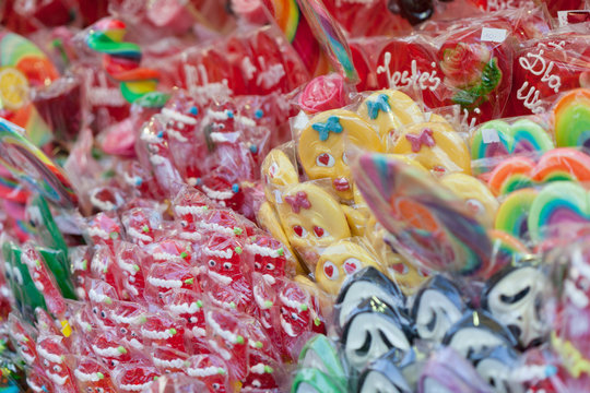 Colorful sweets, candies and lollipops at street market