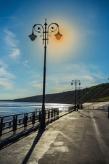 Street lights on the promenade of great river