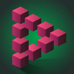 Impossible triangle made with cubes, pink on green
