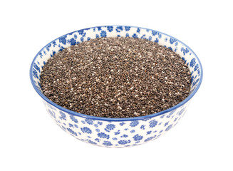 Chia seeds in a blue and white china bowl