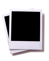 Two polaroid style instant camera photo print frame isolated white background with shadow 