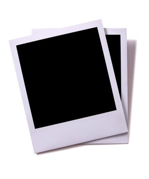 Two polaroid style instant camera photo print frame isolated white background with shadow 