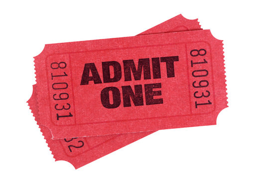 Two retro style red admit one movie or cinema admission tickets isolated white background photo