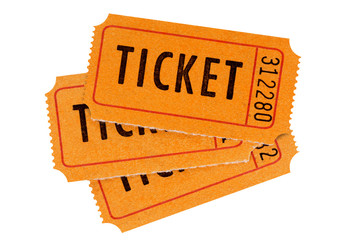 Group of three orange movie or theater entrance tickets isolated white background photo