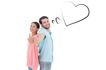 Composite image of happy couple showing thumbs up