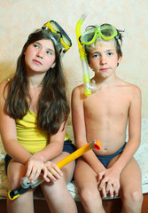 preteen beautiful siblings brother and sister with snorkeling ma