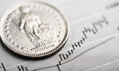One Swiss Franc coin on fluctuating graph. Rate of the Swiss Fra