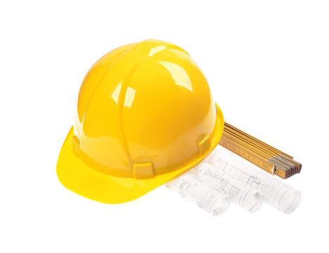 Yellow helmet,meter, project drawings isolated