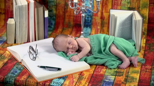 Baby sleeping on a book next to a candlestick 