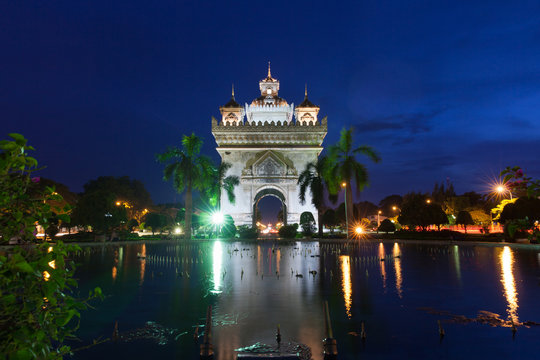Patuxai monument at night, Vientiane, Laos.