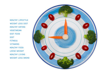 Food clock with vegetables, Healthy food concept, copy space