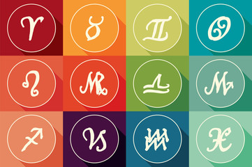 Set of zodiac signs in flat design with long shadow