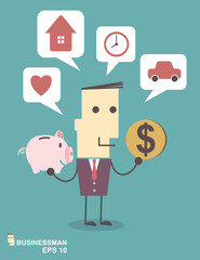 Businessman saving money in a piggy bank