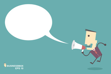 Businessman vector speaking through megaphone with speech bubble
