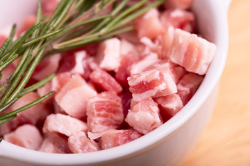 bacon cubes close up - selective focus