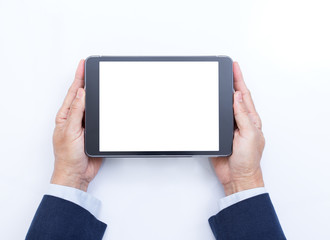 Businessman hands holding digital tablet computer on white backg