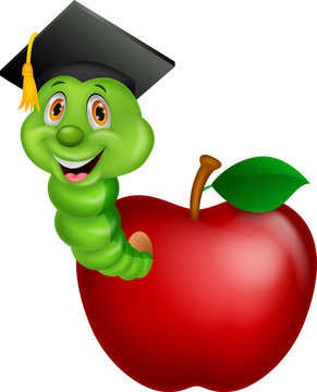 Worm wearing a raduation cap crawling out of an apple