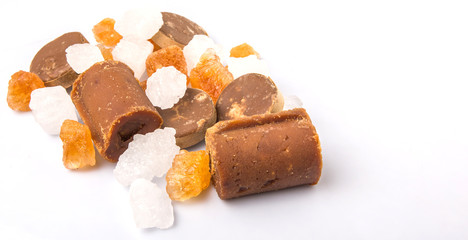 Palm sugar, coconut sugar, sugar cane rock and white rock sugar 