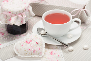 Shabby Chic. Handmade Heart, Napkins, Table Cloth, Tray. Cup Of