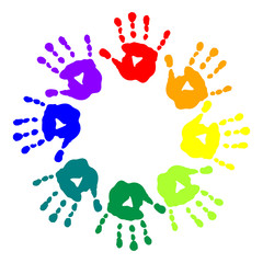 Bright postcard with colorful handprints - 77478858