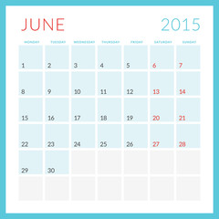 Calendar 2015. June. Week starts Monday