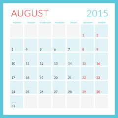 Calendar 2015. August. Week starts Monday