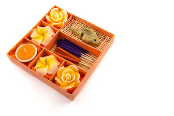 Spa Set. Roses Shaped Candles, incense sticks in orange box