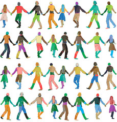 silhouettes of people holding hands, rainbow colors, pattern