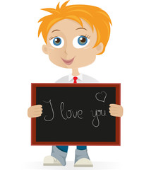 Boy holding board with ''I love you'' caption