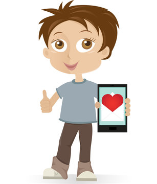 Boy holding mobile phone with love message