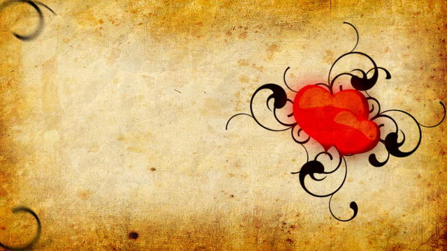 Animation of two hearts with vines in background on the old-paper background