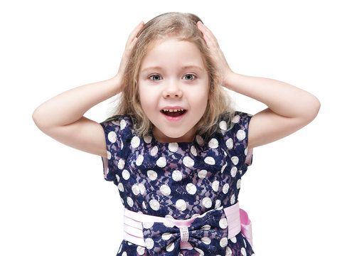 Beautiful little girl with blond hair surprised isolated