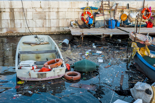 Rubbish at Sea harbor Bari, Environmental / Water Pollution