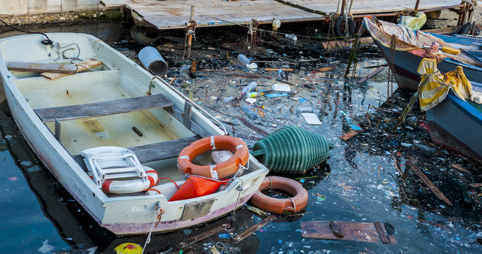Rubbish at Sea harbor Bari, Environmental / Water Pollution