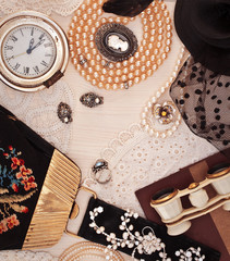 Vintage ladies things. Jewelry, handbags and opera glasses